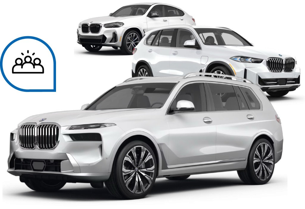Three white BMW vehicles arranged on a white background with a blue icon of three people inside a speech bubble on the left.