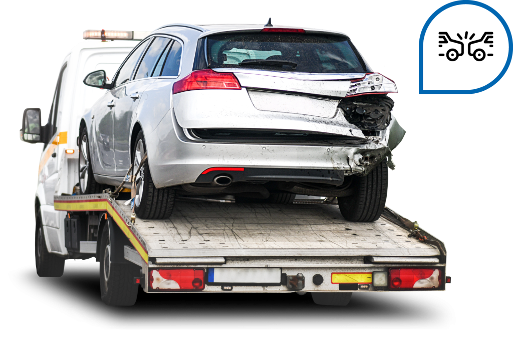 Silver hatchback with rear-end damage being transported on a flatbed tow truck, next to a crash icon.