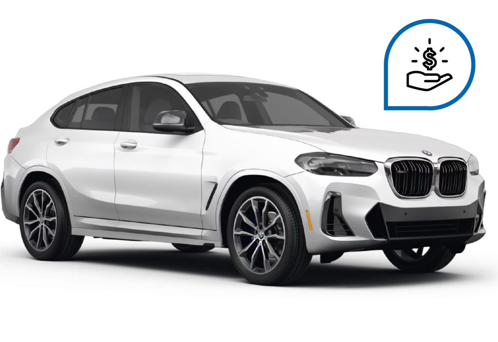 White BMW SUV angled slightly to the right, with a money-in-hand icon symbolizing a guaranteed trade-in offer.