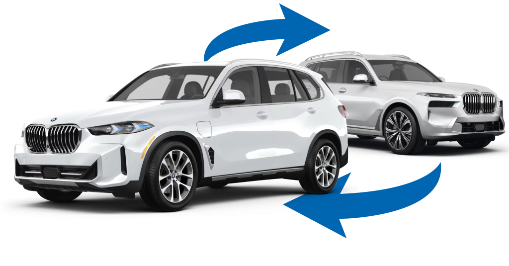 Two white BMW SUVs positioned with blue arrows between them, illustrating a vehicle trade-in process.