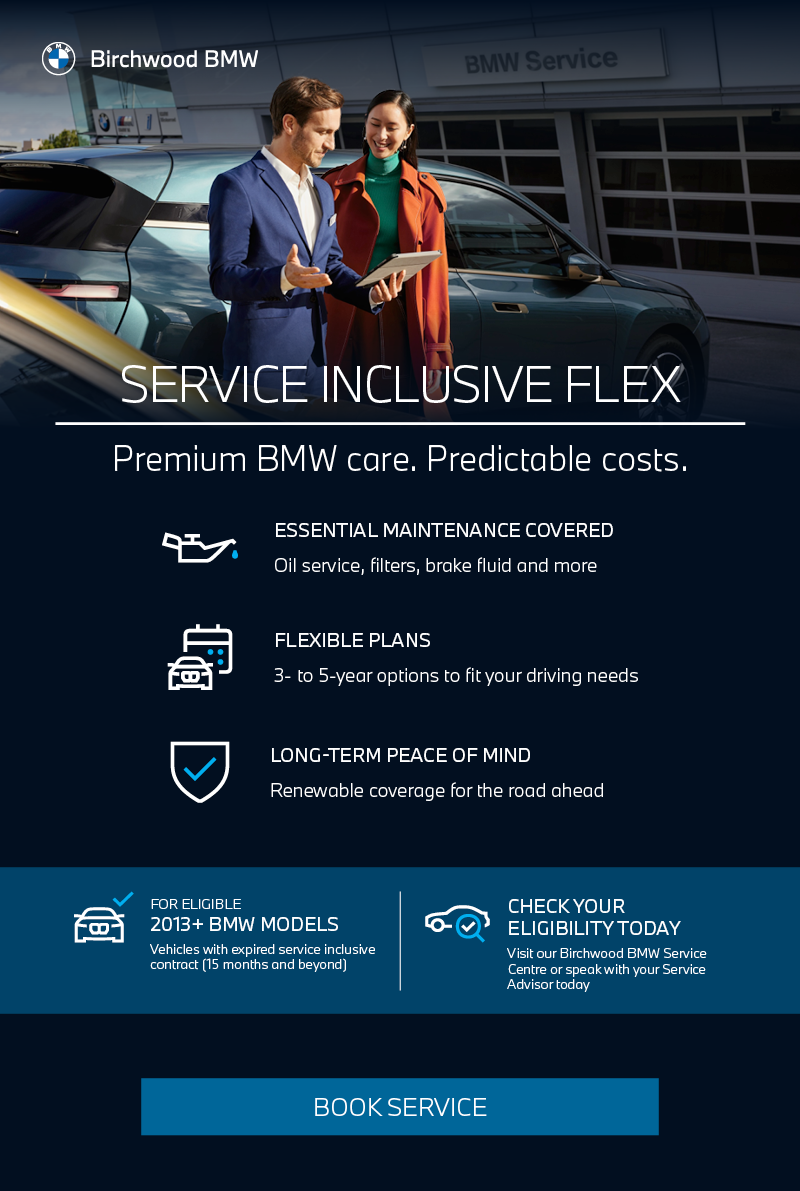 A promotional image for Birchwood BMW's service program, featuring a man and a woman discussing vehicle maintenance options in front of a BMW. The text highlights essential maintenance covered, flexible plans, long-term peace of mind, eligibility for 2013+ BMW models, and a call to action to book service.
